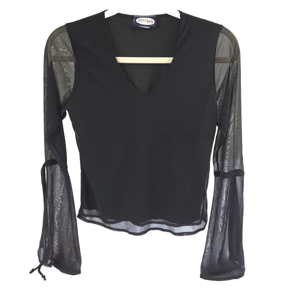 VTG Y2K Zoe Beth Sheer Mesh Overlay Bell Sleeve Top S Black Fairy Whimsigoth